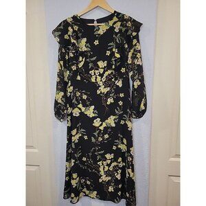 Who What Wear Floral Dress Size S Black Yellow Green Chiffon Long Sheer Sleeve